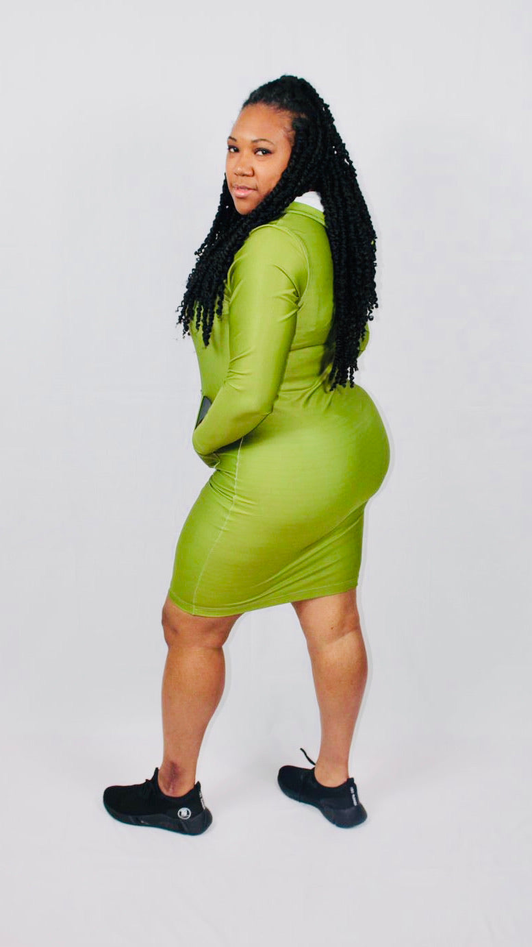 LONG SLEEVE HOODED BODYCON DRESS - GREEN