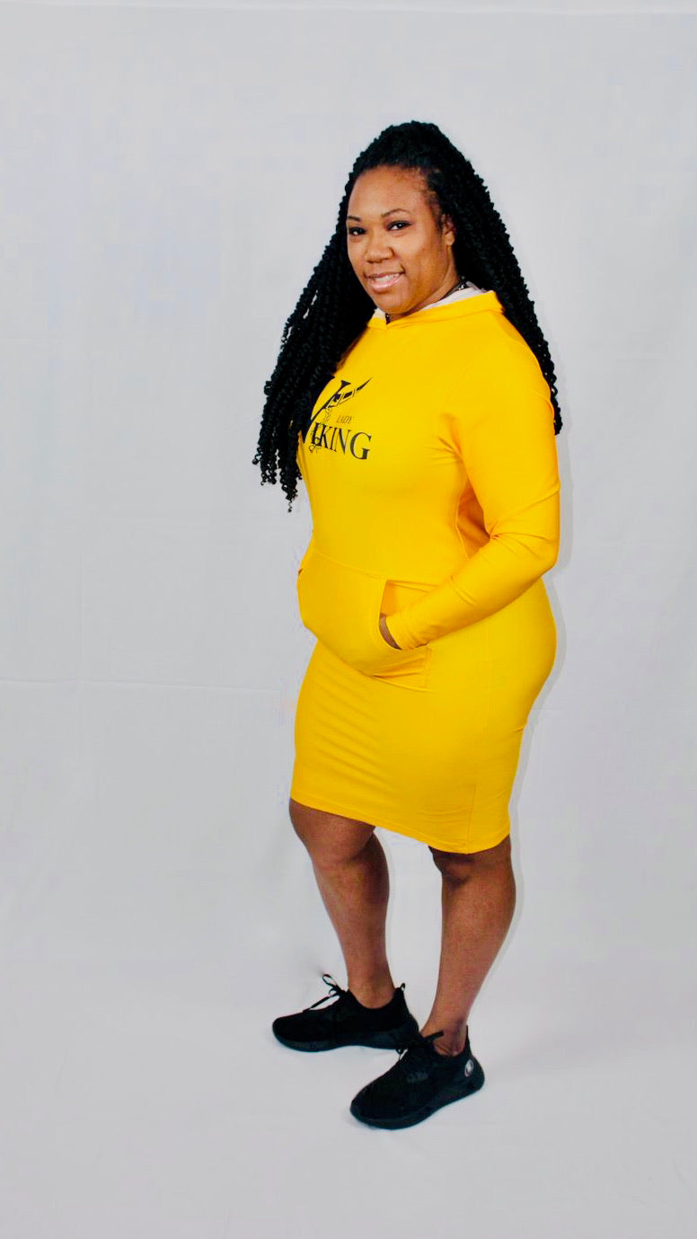 LONG SLEEVE HOODED BODYCON DRESS - MUSTARD