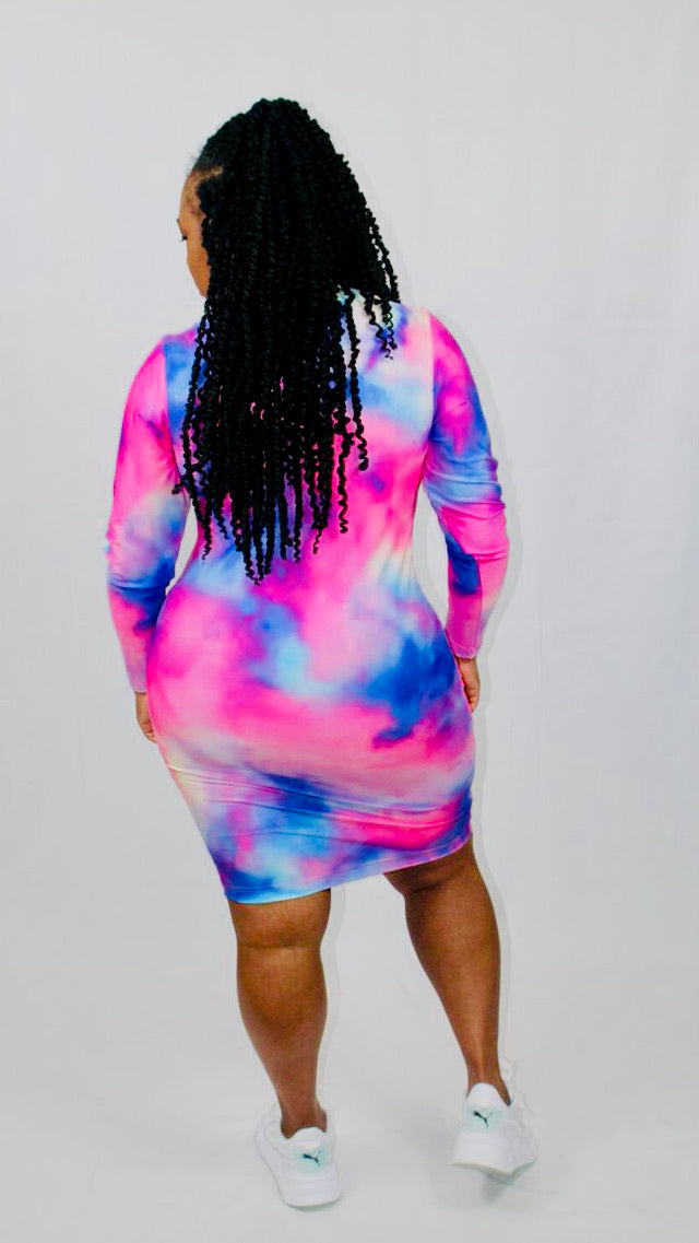 LONG SLEEVE BODYCON DRESS- PINK TYE DYE