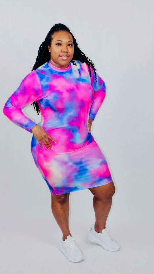 LONG SLEEVE BODYCON DRESS- PINK TYE DYE