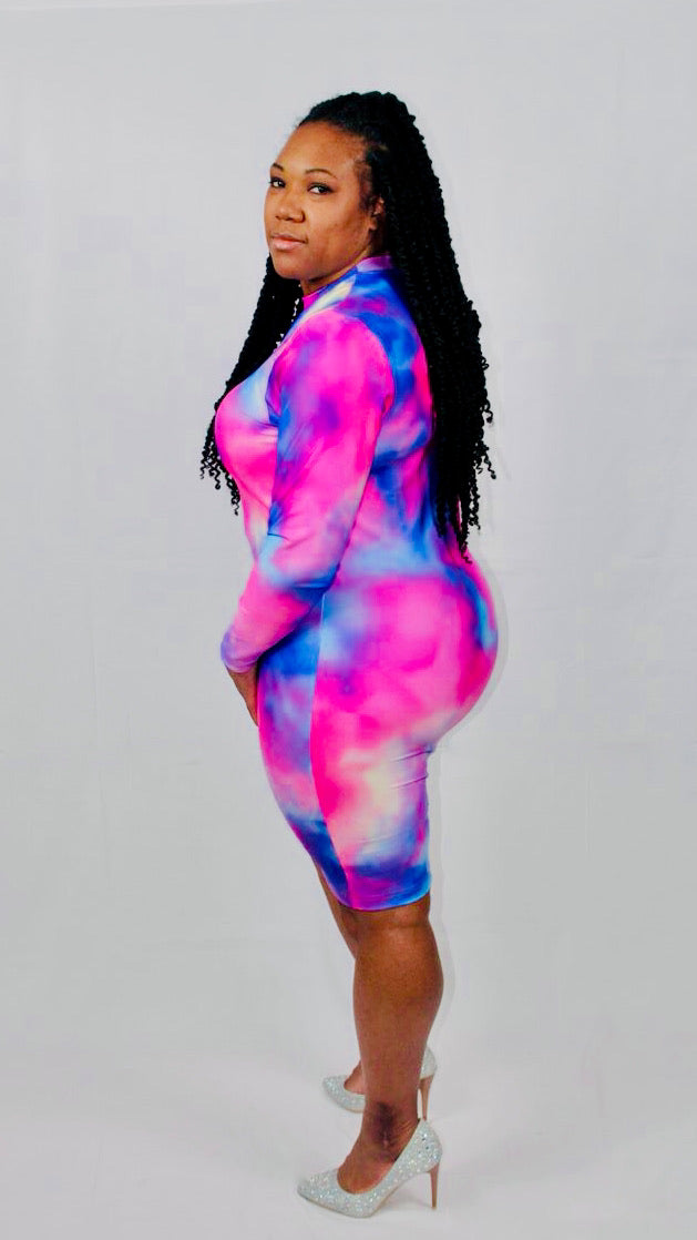 LONG SLEEVE BODYCON DRESS- PINK TYE DYE