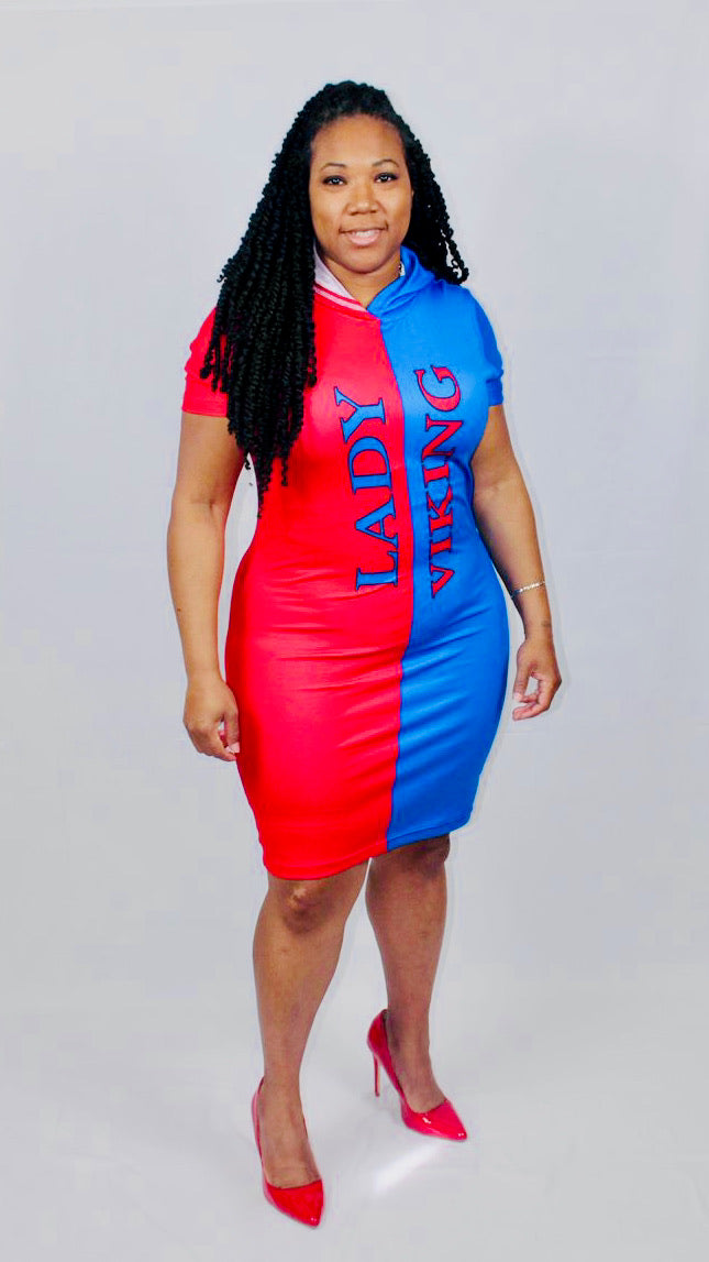 SHORT SLEEVE HOODED BODYCON DRESS - RED & BLUE