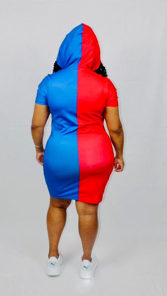 SHORT SLEEVE HOODED BODYCON DRESS - RED & BLUE