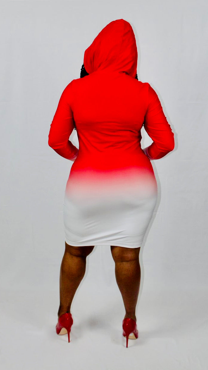 LONG SLEEVE HOODED BODYCON DRESS - RED & WHITE FADE