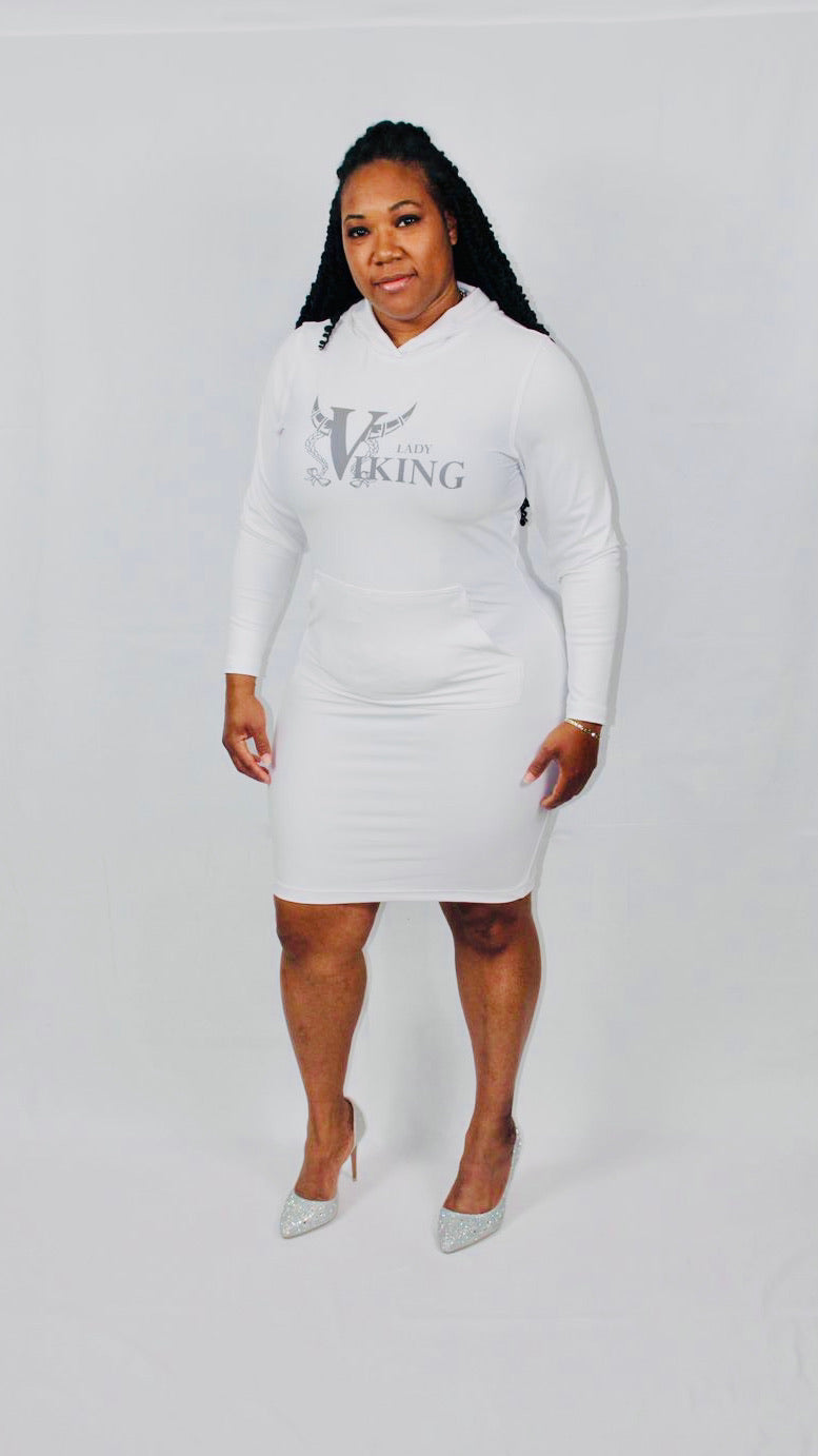 LONG SLEEVE HOODED BODYCON DRESS-WHITE