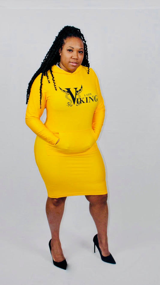 LONG SLEEVE HOODED BODYCON DRESS - MUSTARD