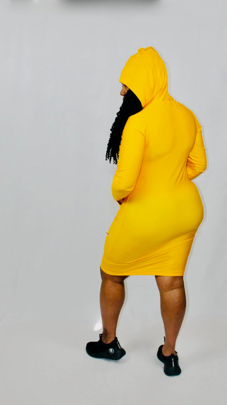 LONG SLEEVE HOODED BODYCON DRESS - MUSTARD